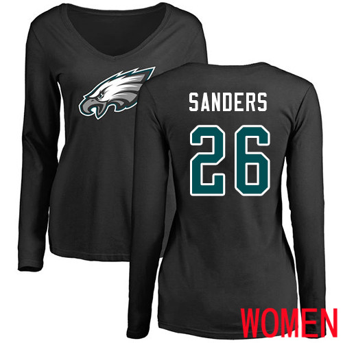 Women Philadelphia Eagles #26 Miles Sanders Black Name and Number Logo Slim Fit Long Sleeve NFL T Shirt.->nfl t-shirts->Sports Accessory